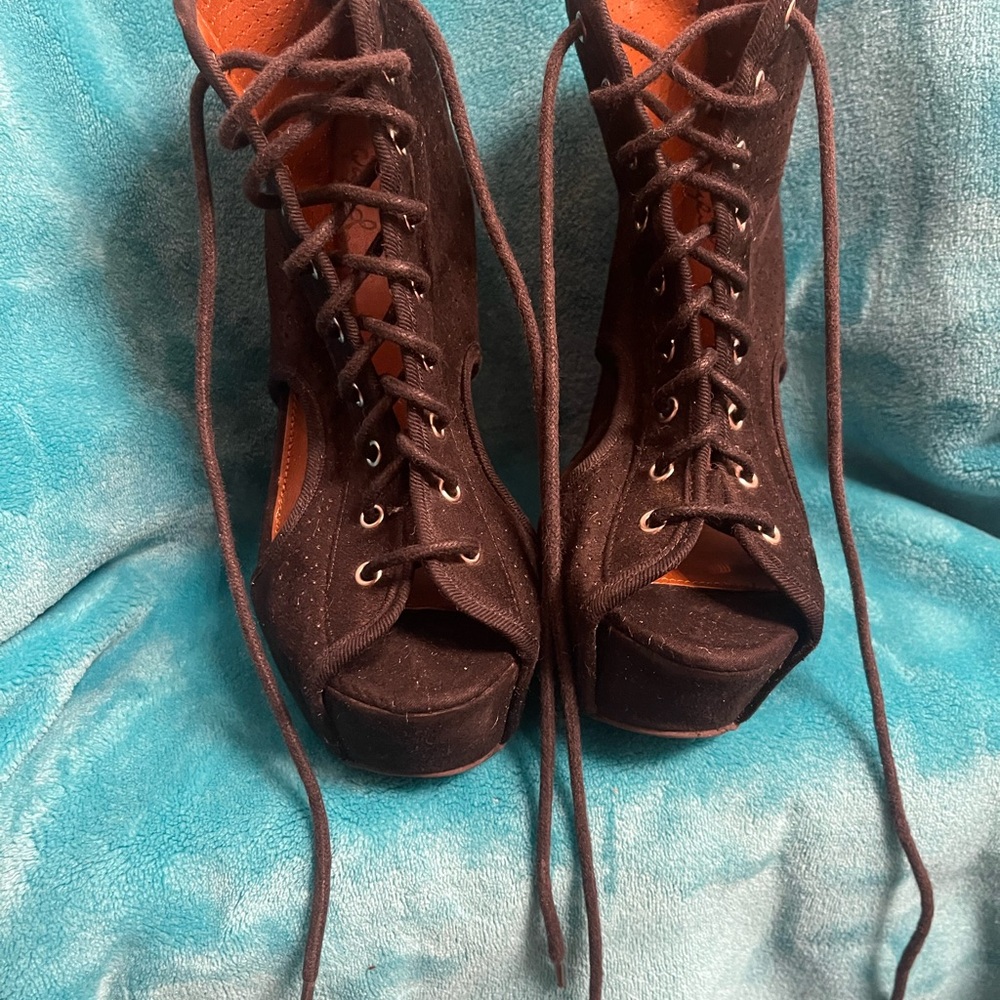 Black Lace-Up Peep Toe Women's Shoes